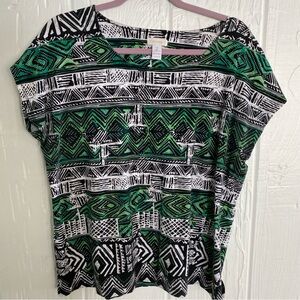 Chico's Black and Green Geometric Blouse Short Sleeve Size 2